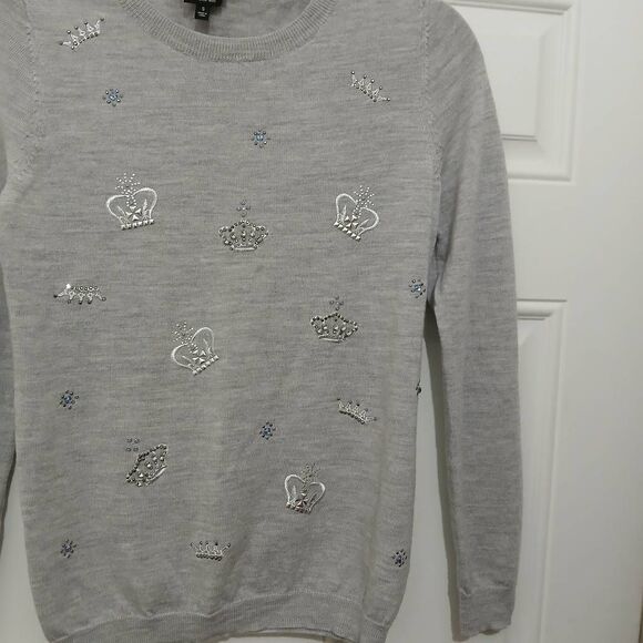 Talbots womens small crown rhinestone crewneck sweater Merino Wool gray - Picture 3 of 9